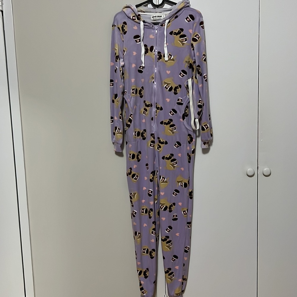 NWT PURPLE PUG AND COFFEE ONESIE